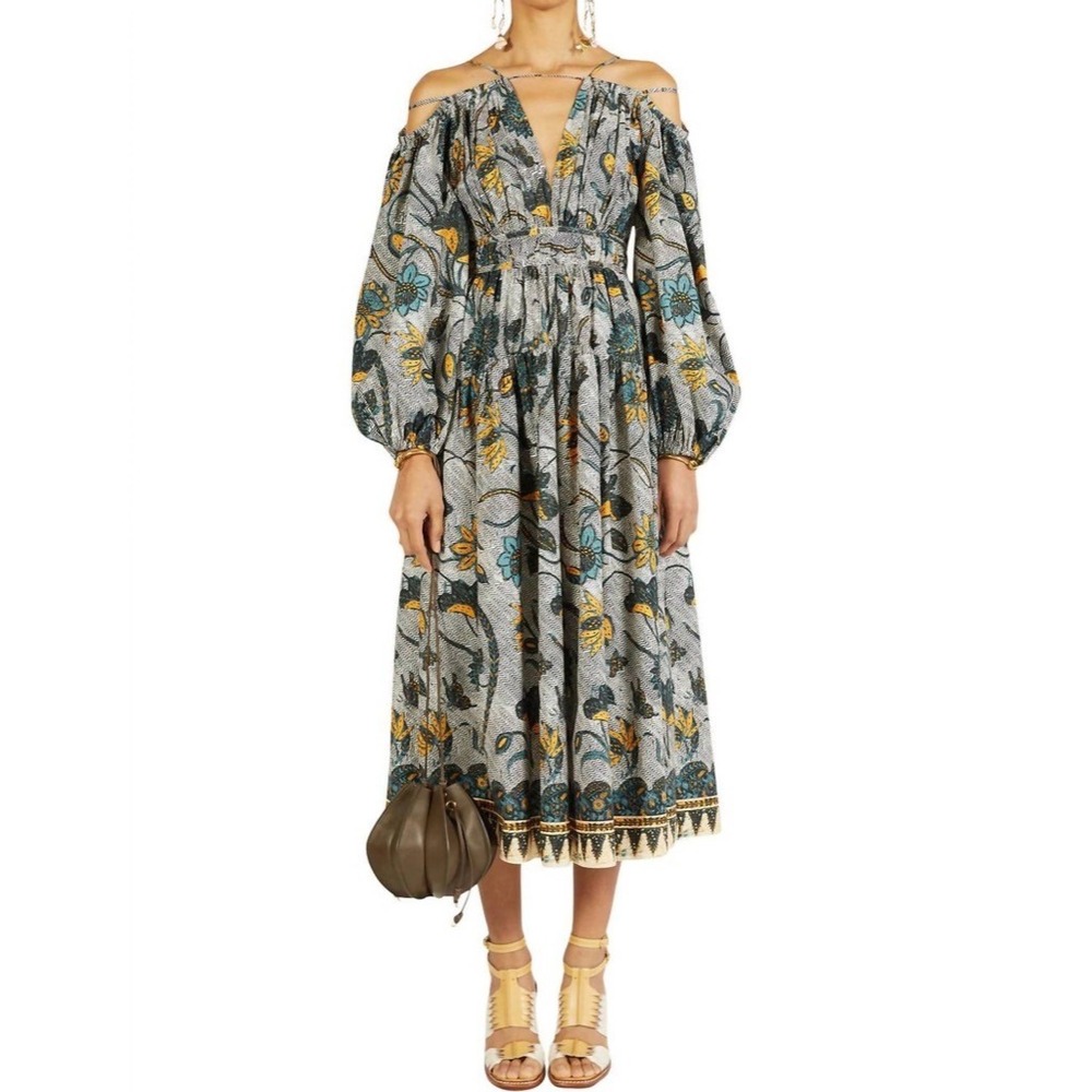 ULLA JOHNSON Tahlia Dress Floral Midi Dress Open Shoulders‎ Portofino Size 0